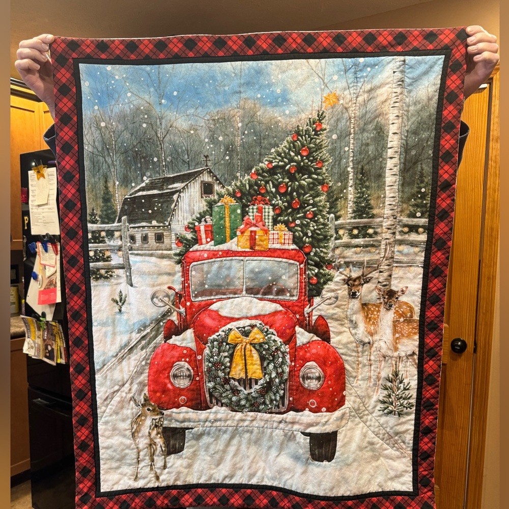 Gorgeous Christmas Snow Scene Red Truck Quilted Wall Hanging w/Plaid Border